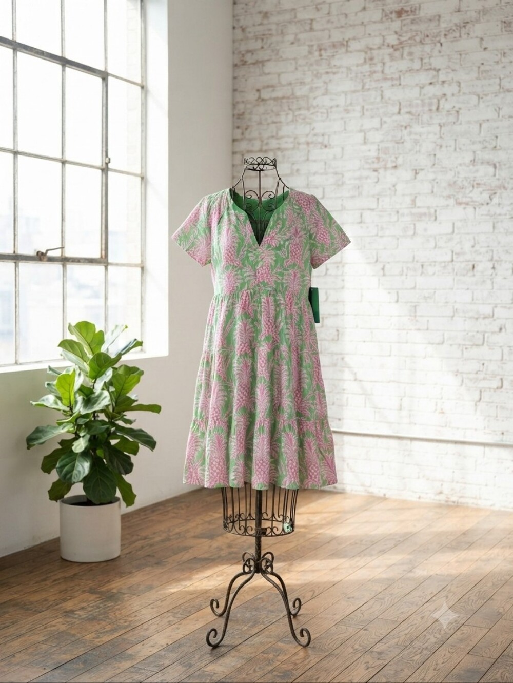 crown & ivy Pink and Green Floral V-Neck Midi Dress